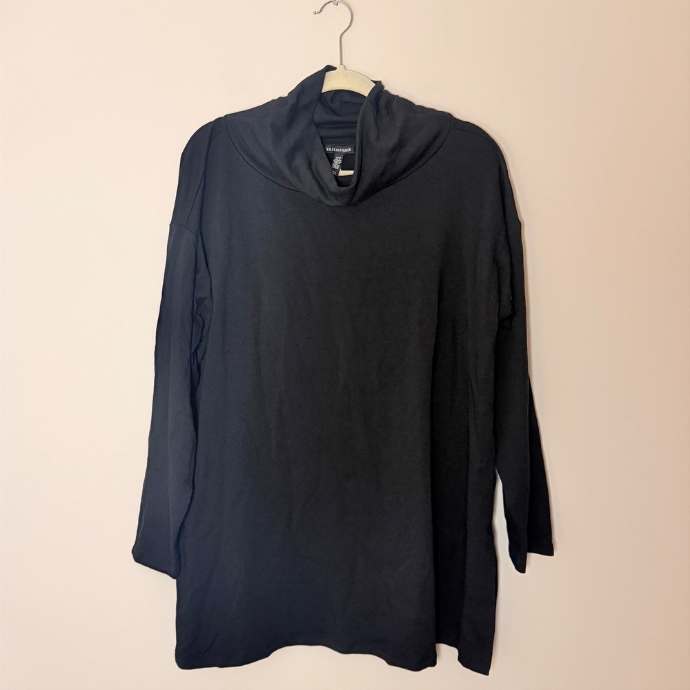 NWT Eileen Fisher Black Funnel Neck Tunic Sweater Top Tencel/Lyocell SZ L